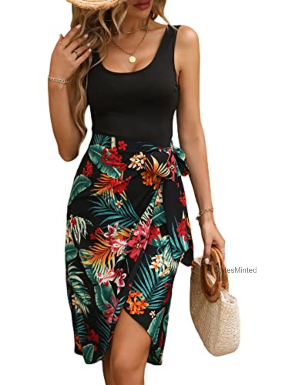 Tropical Print Knot Side Wrap Hem Vacation Tank Dress